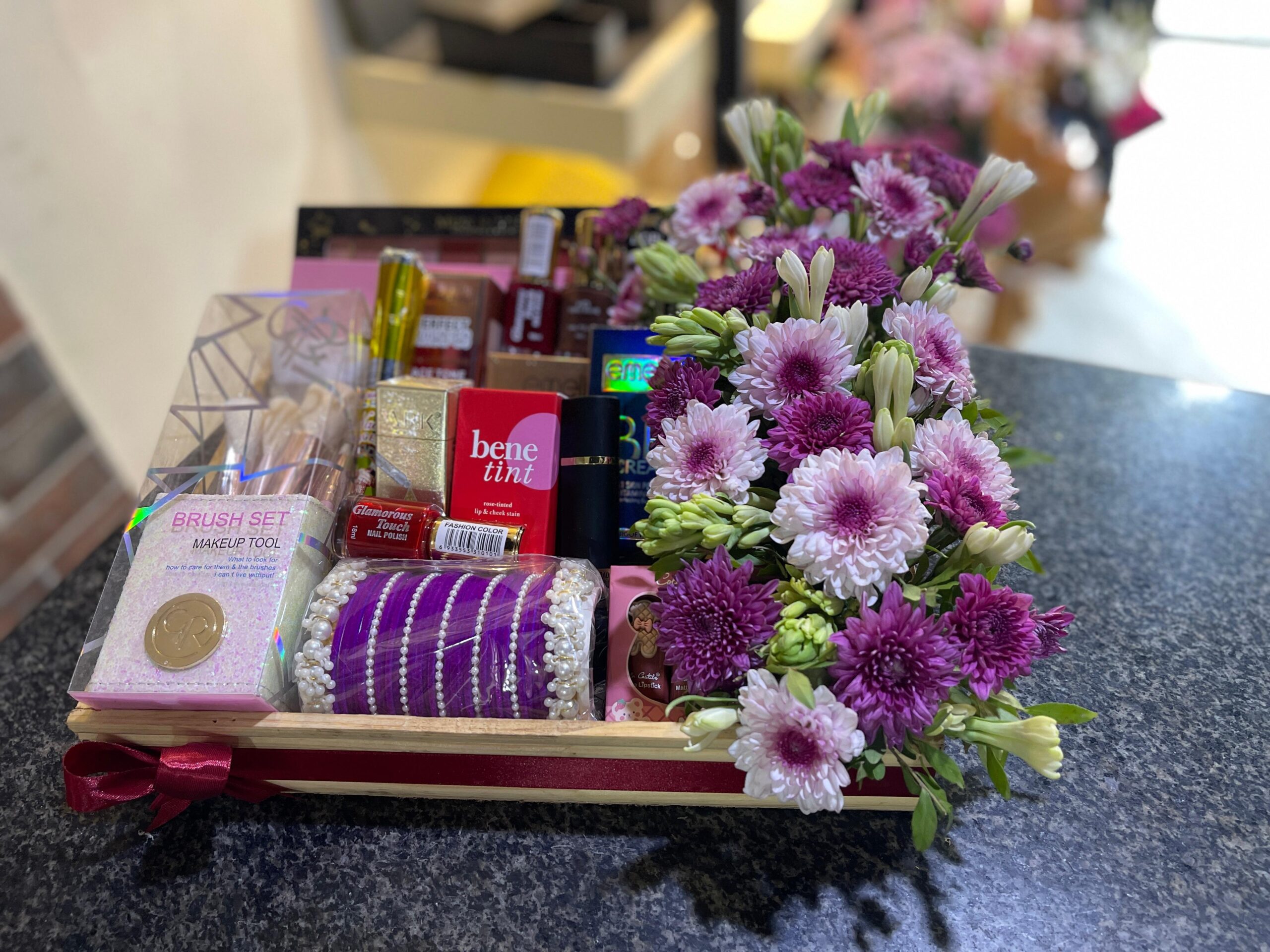 Royal Glam Basket for Her – Makeup, Fragrance & Flowers Combo