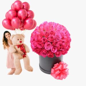 Birthday Deluxe Package – Pink Roses, Teddy & Balloons