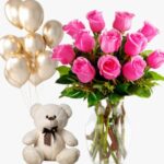 Hot Pink Roses & Teddy with Balloons – Gift Combo