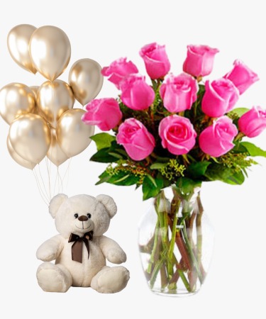 Hot Pink Roses & Teddy with Balloons – Gift Combo