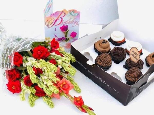 1 Dozen Cup Cakes From Layers And Mix Roses Bouquet With Free Greeting Card