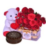 16 pcs Ferrero Rocher, 2 Dozen Red Roses, Small Teddy & 1 Pound Chocolate Cake