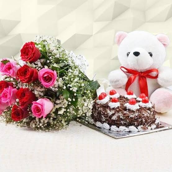 2lbs Cake from Famous Bakery, 1 Dozen Local Roses & 10″ Teddy Bear