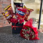 Crunch & Bloom Combo with mix chips and fresh flower bouquet of red roses and gypso