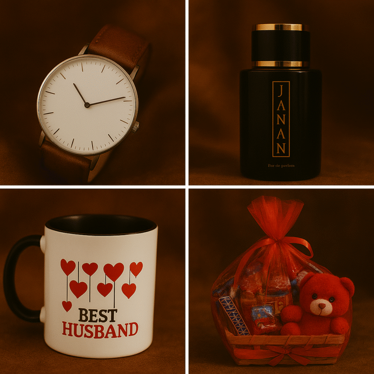 A four-panel image of gift items, including a silver-cased wristwatch with a brown leather strap, a black rectangular perfume bottle labeled "JANAN Bar de parfum," a black and white mug with red hearts and the text "BEST HUSBAND," and a small gift basket containing chocolates and a red teddy bear wrapped in red netting.