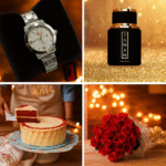 A four-panel image featuring a silver metal strap wristwatch on a black pillow, a black perfume bottle labeled "JANAN NGEN FELSW," a red velvet cake with a slice being removed, and a bouquet of red roses