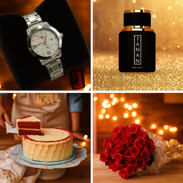 A four-panel image featuring a silver metal strap wristwatch on a black pillow, a black perfume bottle labeled "JANAN NGEN FELSW," a red velvet cake with a slice being removed, and a bouquet of red roses